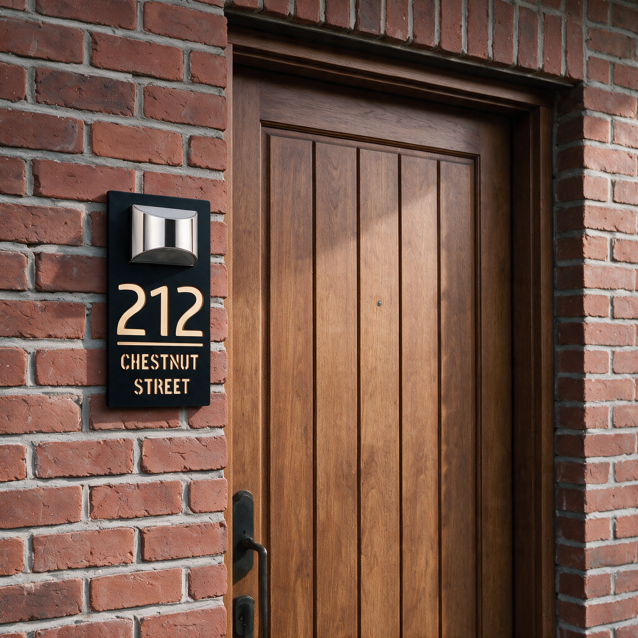 ShineNumber Black-Gold finish, mounted on a brick house facade #Color_Black-Gold