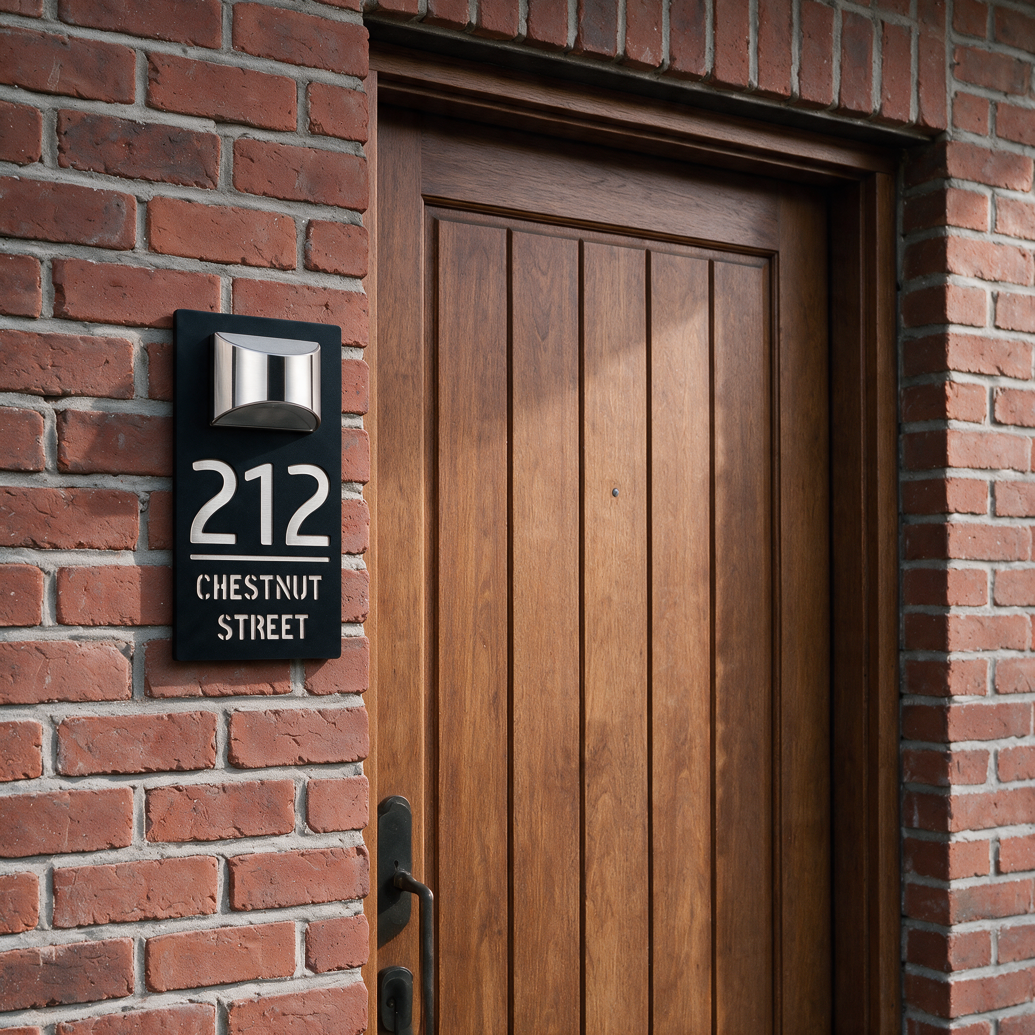 ShineNumber Black-Silver finish, mounted on a brick house facade #Color_Black-Silver
