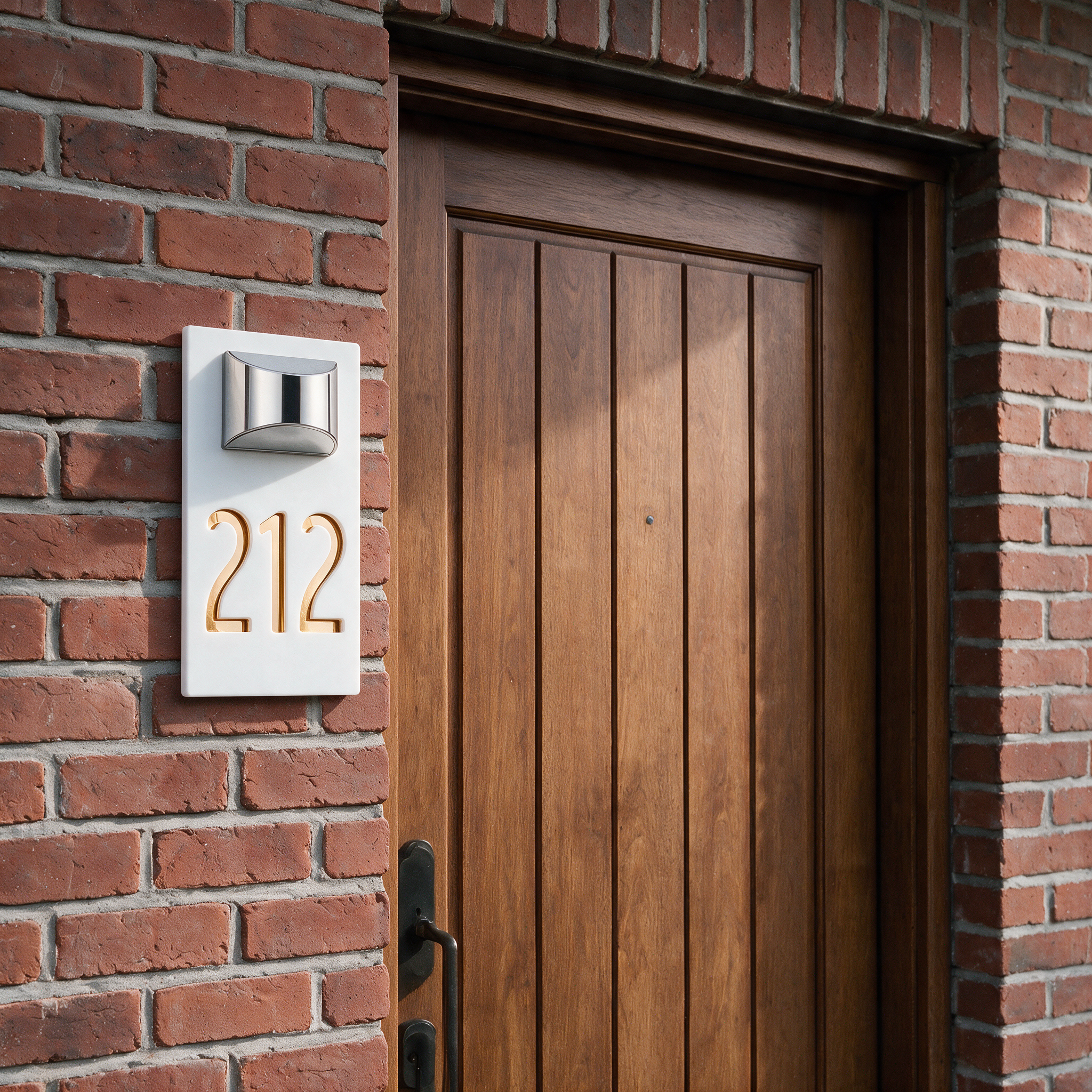 ShineNumber White-Gold finish, mounted on a brick house facade #Color_White-Gold