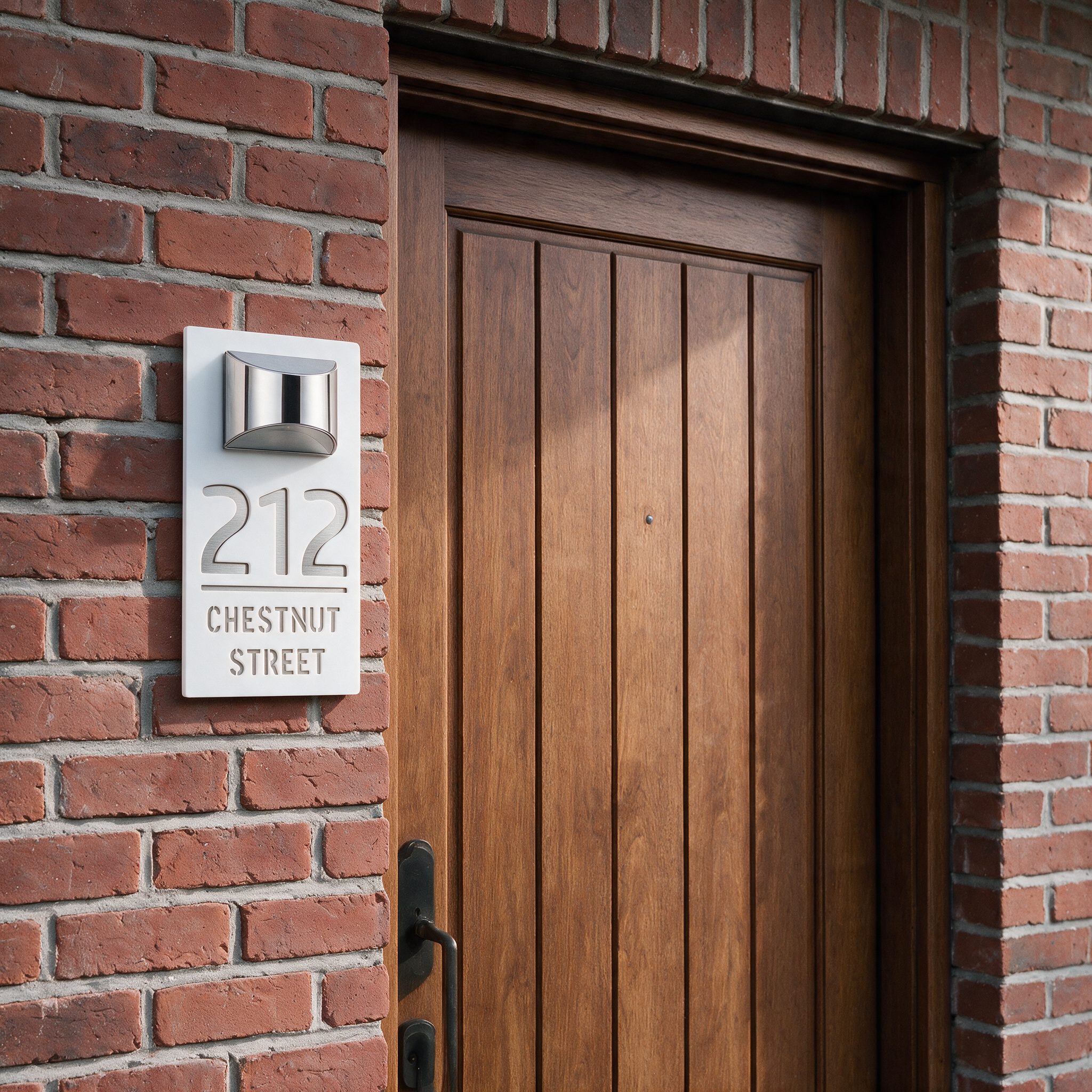 ShineNumber White-Silver finish, mounted on a brick house facade #Color_White-Silver