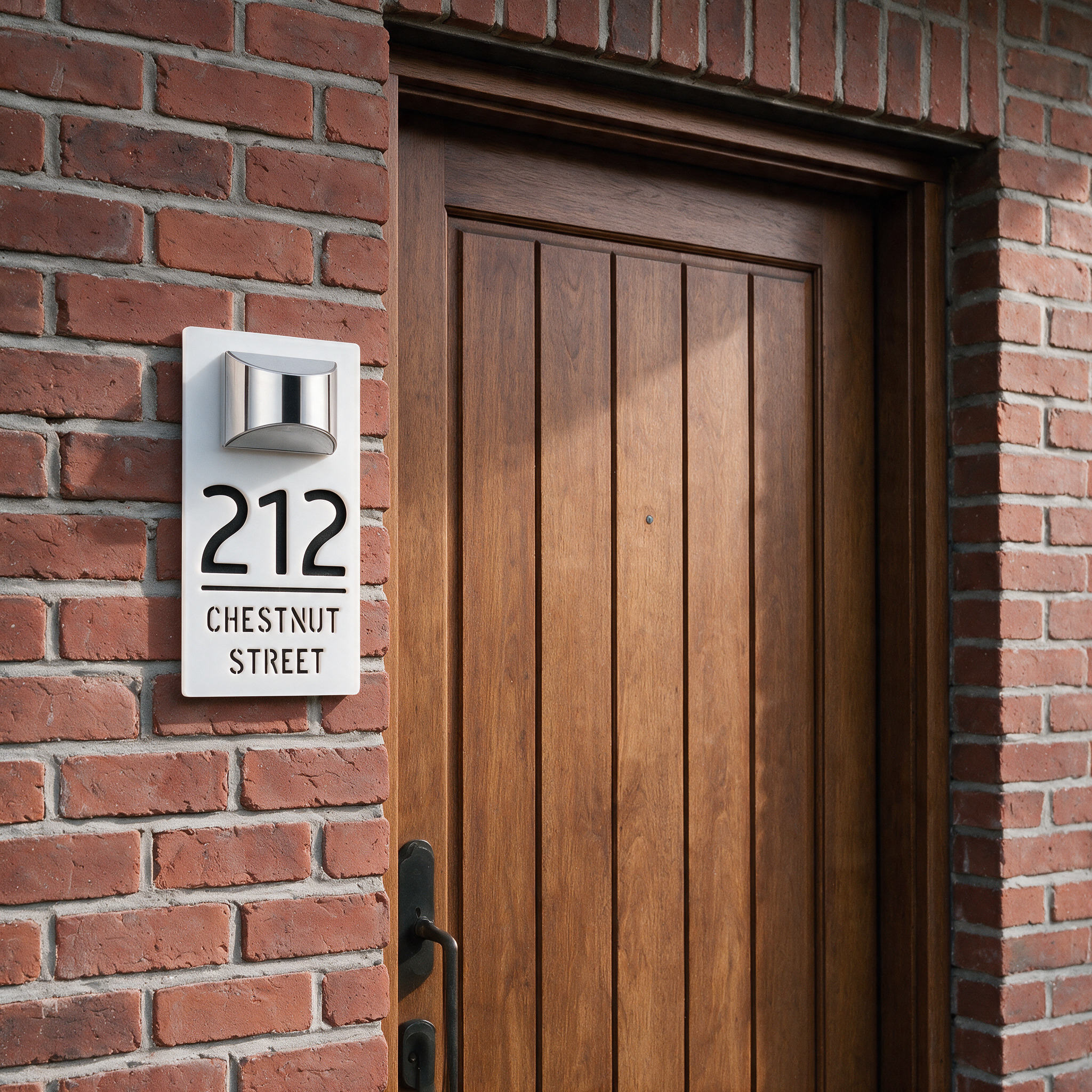 ShineNumber White-Black finish, mounted on a brick house facade #Color_White-Black